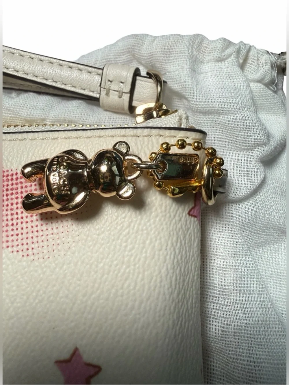 Coach Disco Star Print Cream Wristlet with Gold Coach Bear Charm & Dusty EUC